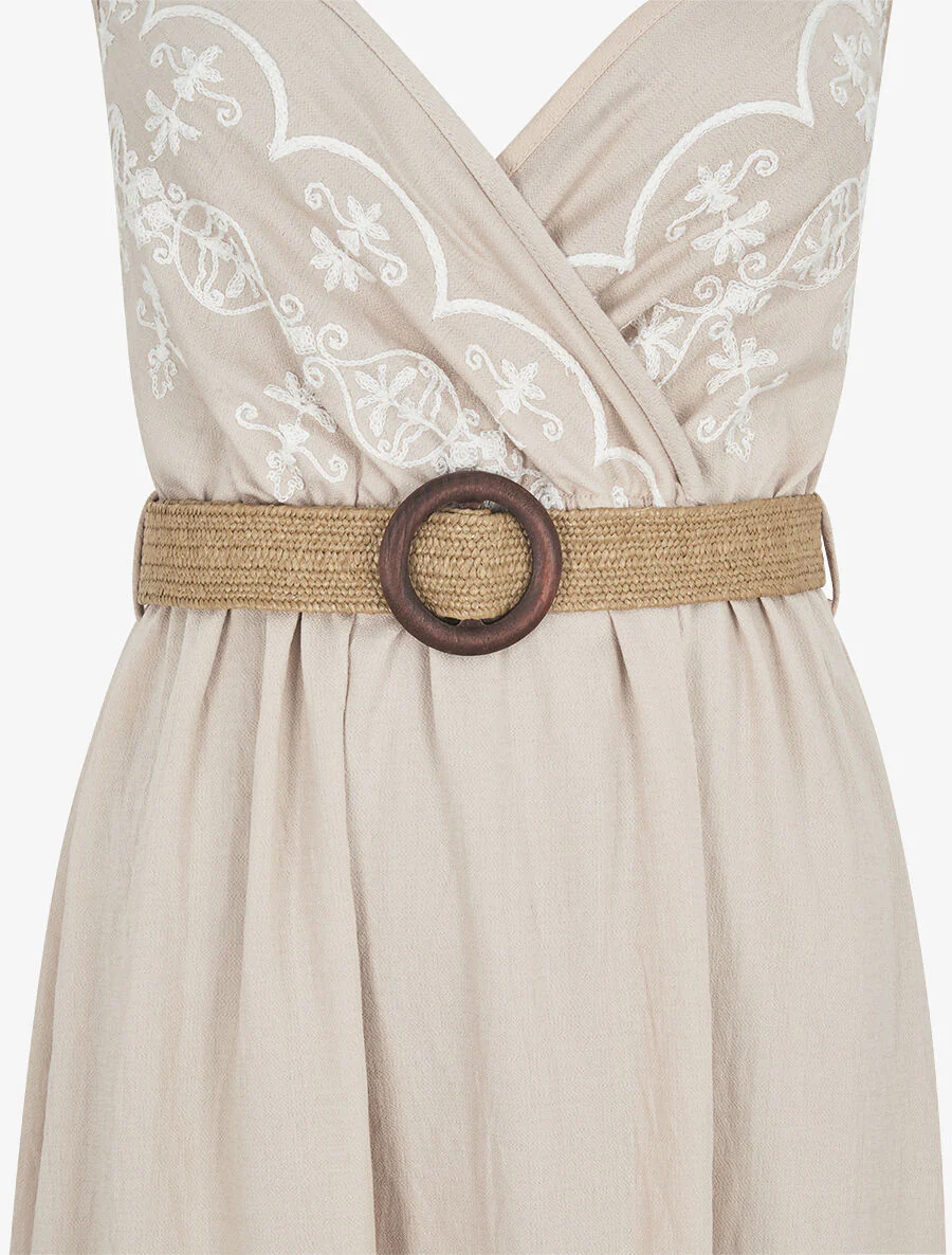 Lange jurk met dunne bandjes en borduursel - beige - Image 3