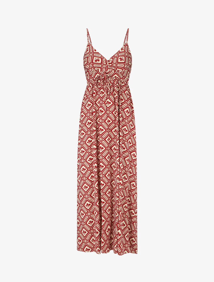 Lange jurk met dunne bandjes en grafische print - Rood
