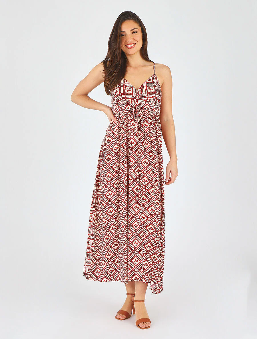 Lange jurk met dunne bandjes en grafische print - Rood - Image 4