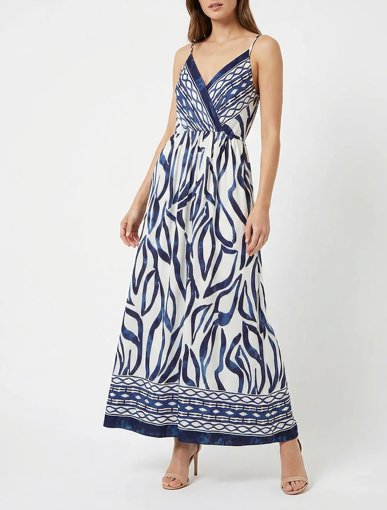 Lange jurk met elastiek en fantasieprint. - Marine - Image 4