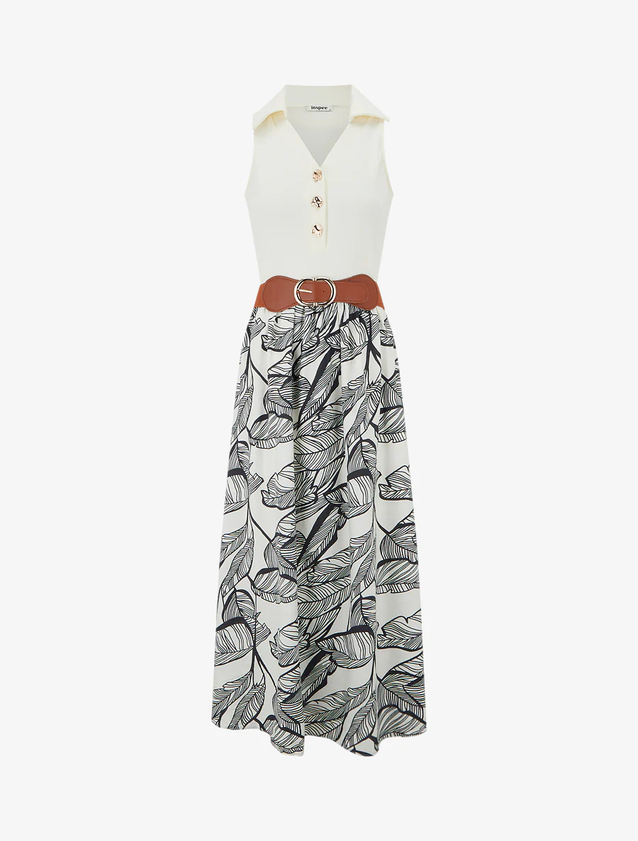 Lange jurk met fantasieknopen en bladenprint - Marine
