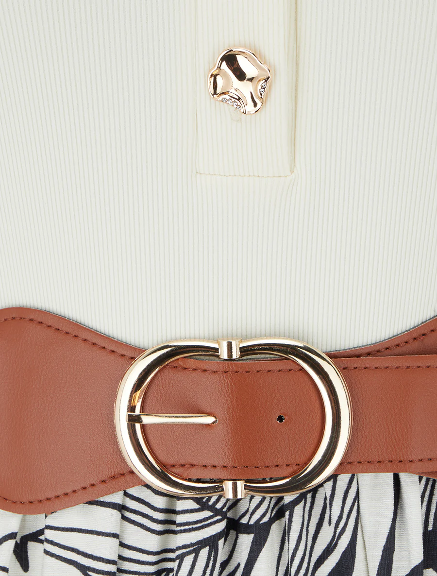 Lange jurk met fantasieknopen en bladenprint - Marine - Image 3