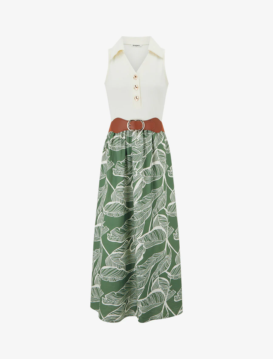 Lange jurk met fantasieknopen en bladenprint - Groen