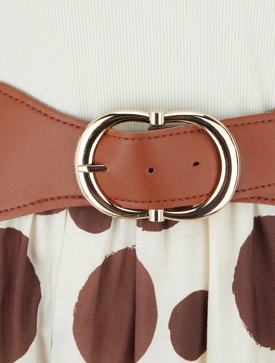 Lange jurk met fantasieknopen en grote stippenprint - Bruin - Image 3