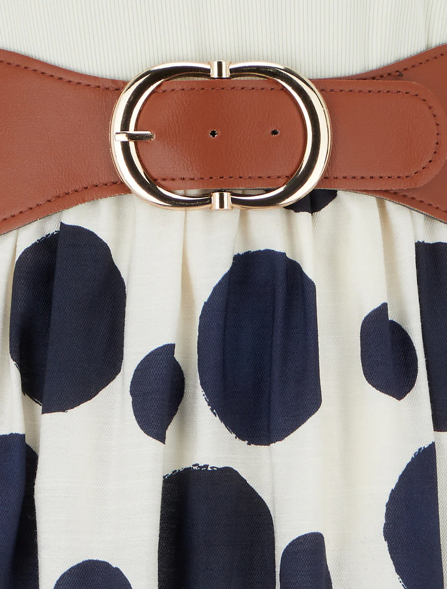Lange jurk met fantasieknopen en grote stippenprint - Marine - Image 3