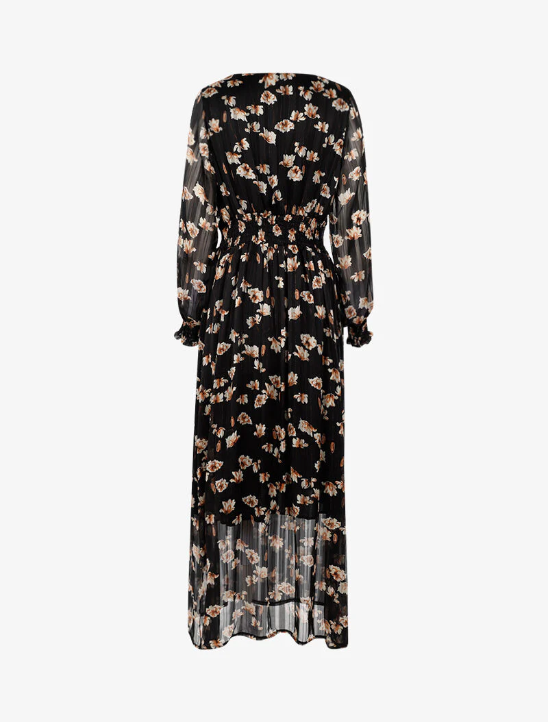 Lange jurk met getailleerde taille met witte bloemenprint - zwart - Image 3