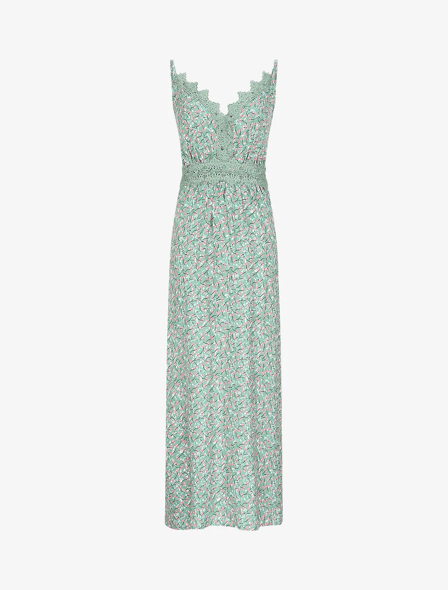 Lange jurk met grafische bloemen en fijne borduursels - Amandelgroen - Image 2
