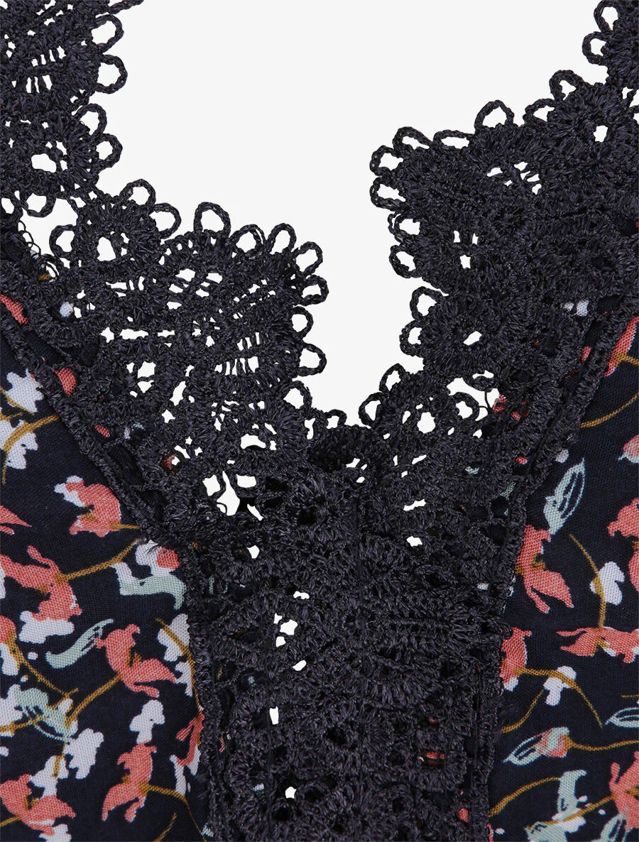 Lange jurk met grafische bloemen en fijne borduursels - Marineblauw - Image 3