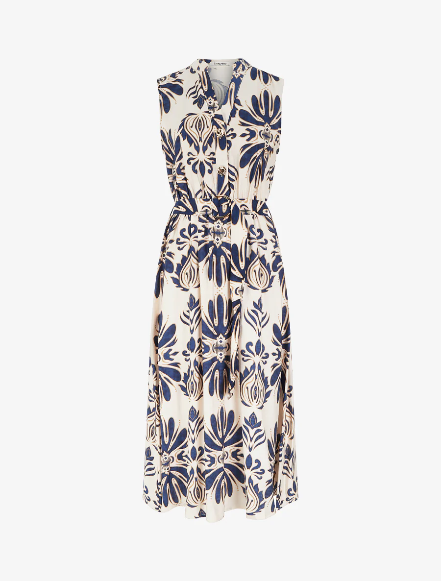 Lange jurk met ikat-print en decoratieve knopen - Marine