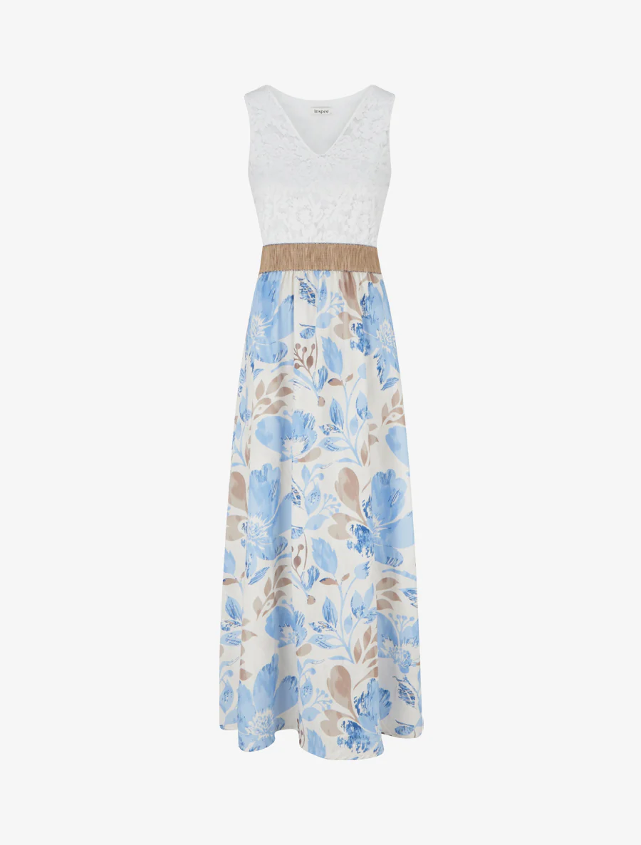 Lange jurk met kant en bloemenprint - Lichtblauw
