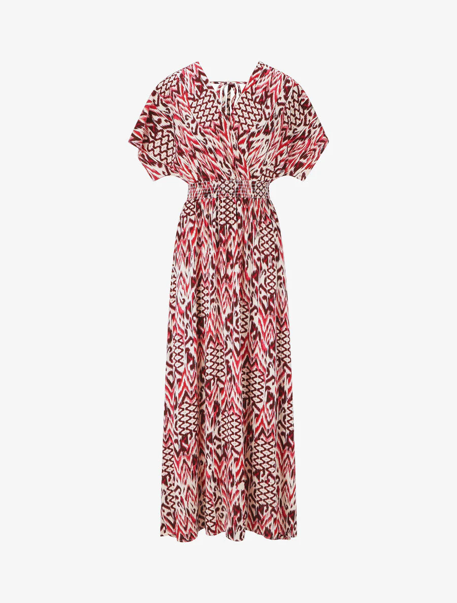 Lange jurk met korte mouwen en grafische print - Rood