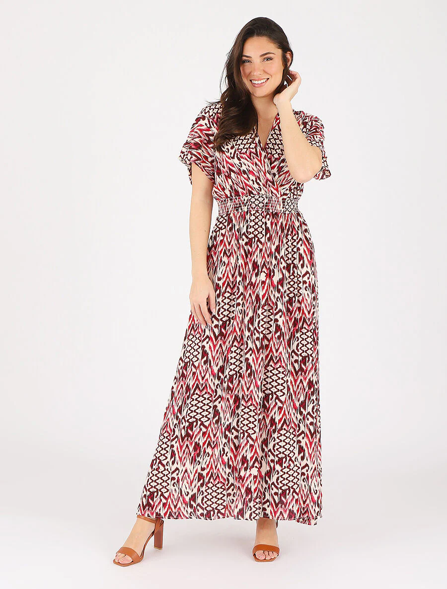Lange jurk met korte mouwen en grafische print - Rood - Image 4