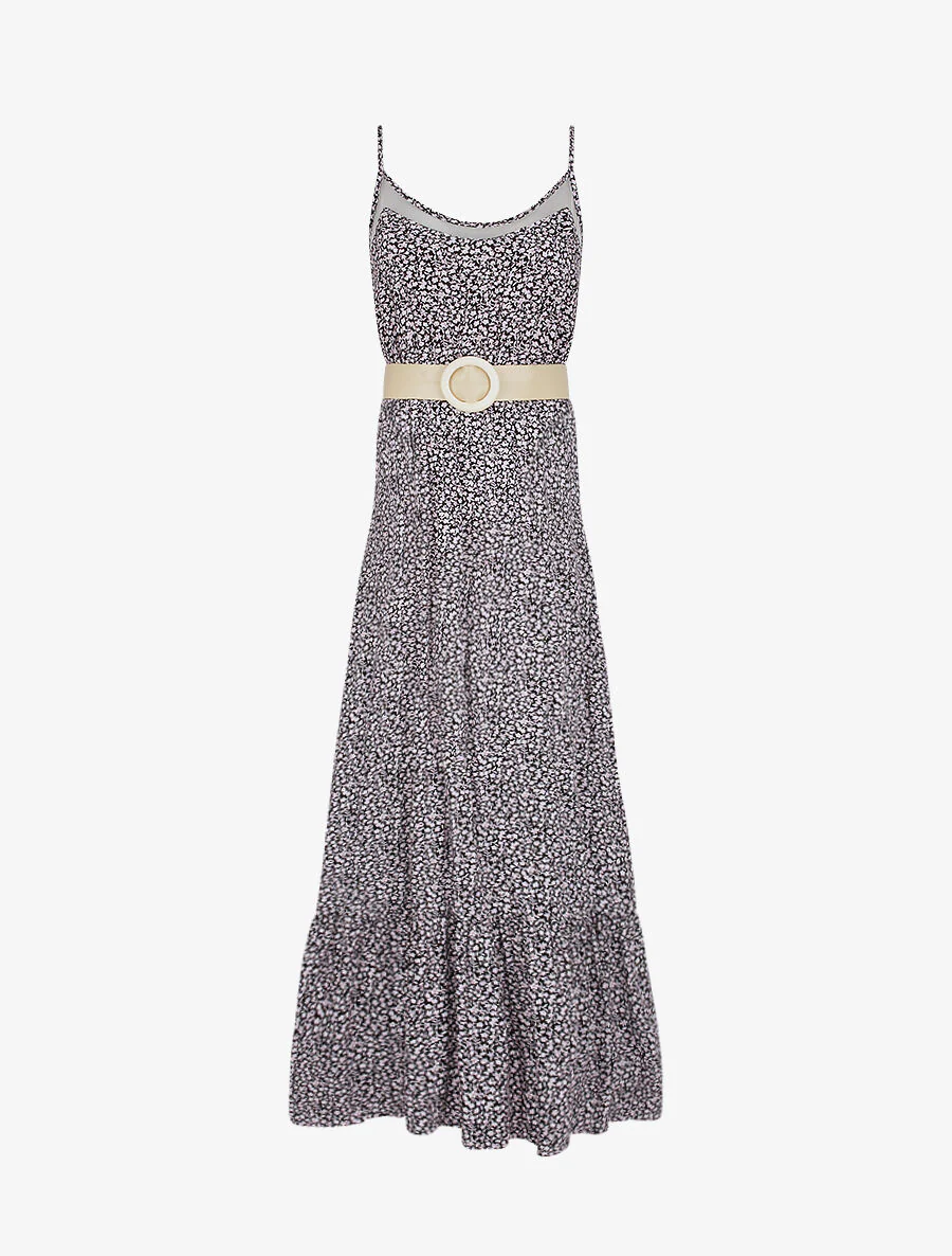 Lange jurk met kraag met tule detail - Zwart