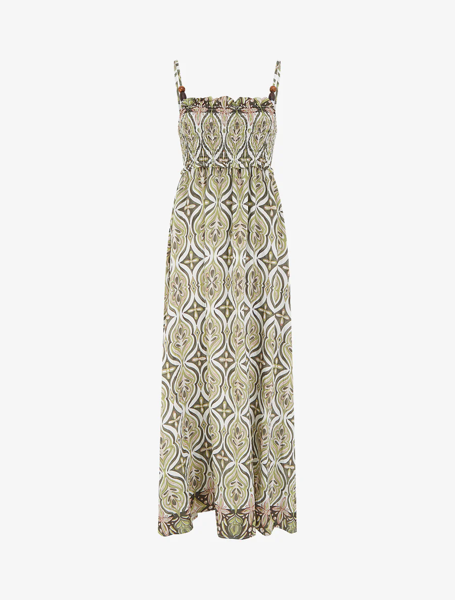 Lange jurk met parelbandjes en fantasieprint. - Kaki