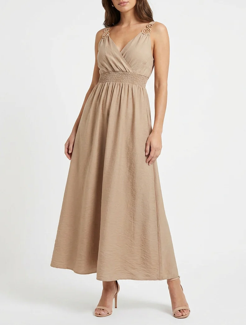 Lange jurk met sierlijke bandjes - Beige - Image 4