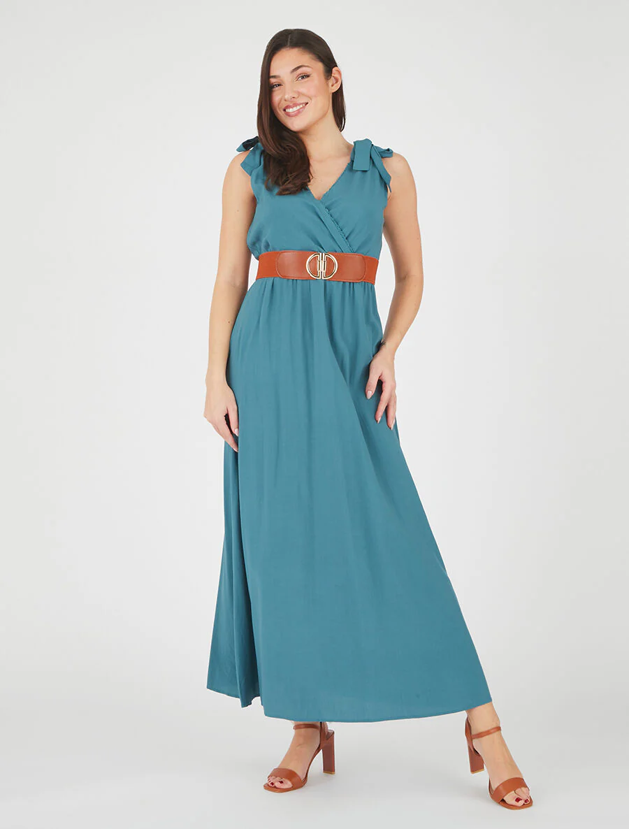 Lange jurk met strikken op de schouders - Blauwgroen - Image 4