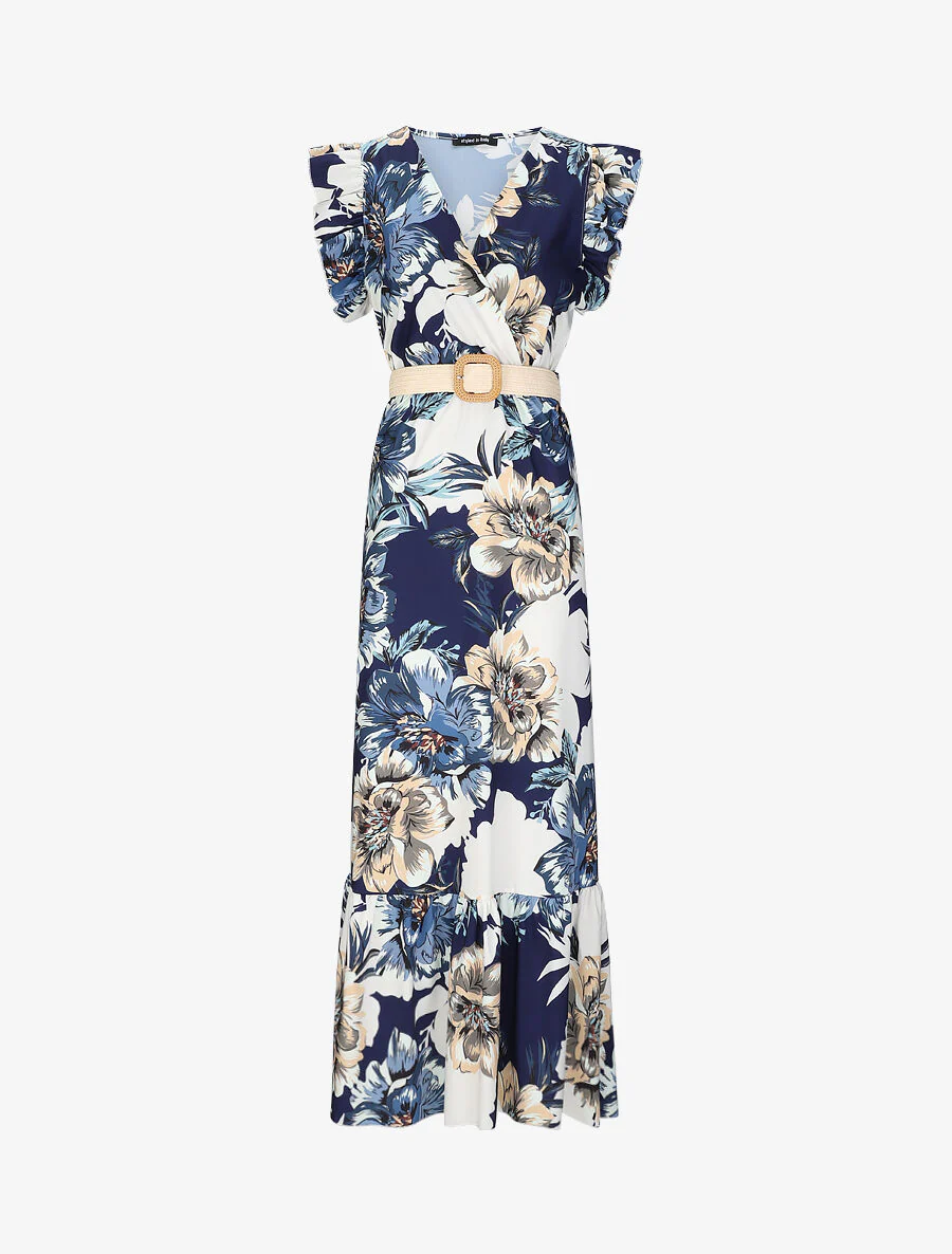 Lange jurk met tropische print en volantmouwen - Marineblauw