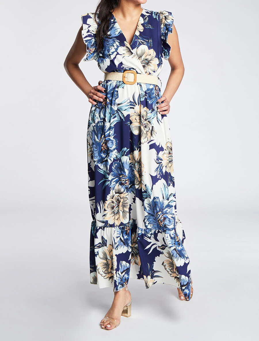 Lange jurk met tropische print en volantmouwen - Marineblauw - Image 4