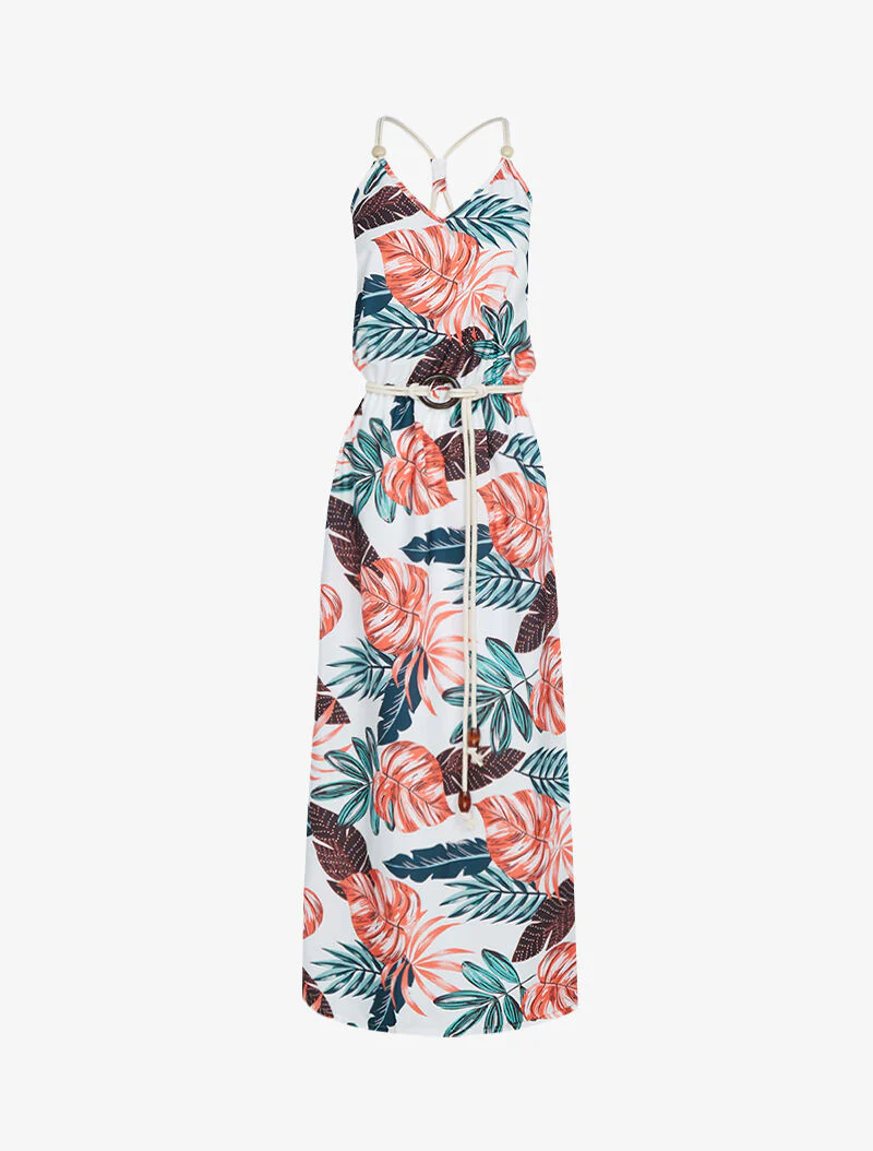 Lange jurk met tropische print - wit