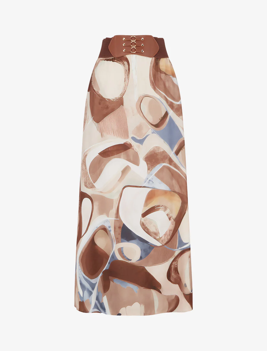 Lange rok met abstracte print en fantasietaille. - Donker beige