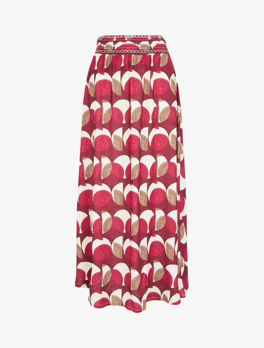 Lange rok met abstracte print en geborduurd detail. - Wijnrood