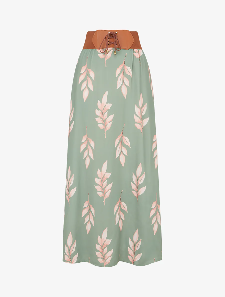 Lange rok met bladenprint - Kaki