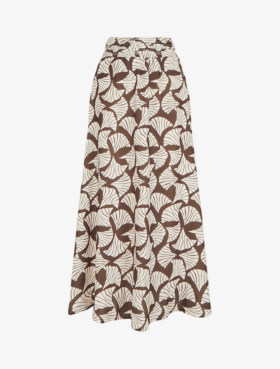 Lange rok met ginkgo-print en geborduurd detail - Bruin