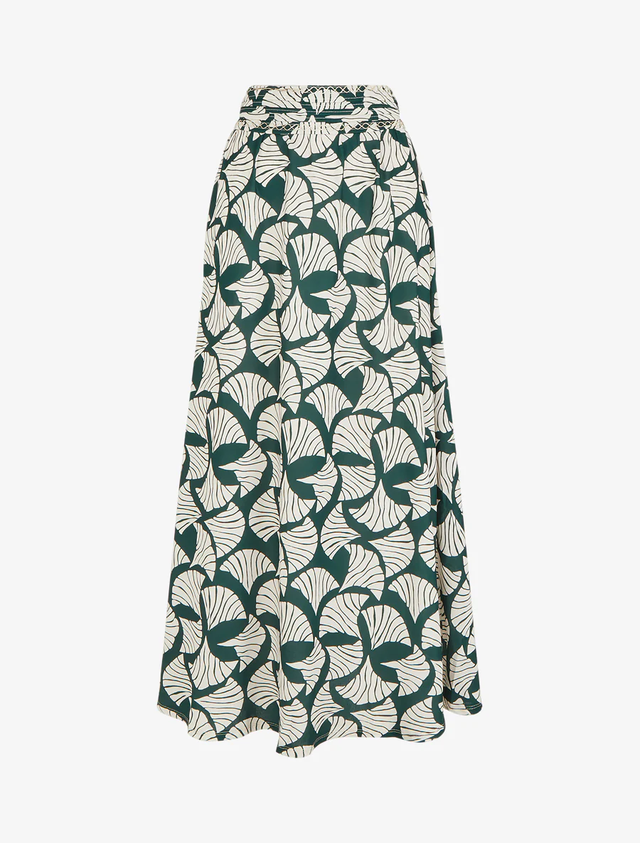 Lange rok met ginkgo-print en geborduurd detail - Dennengroen