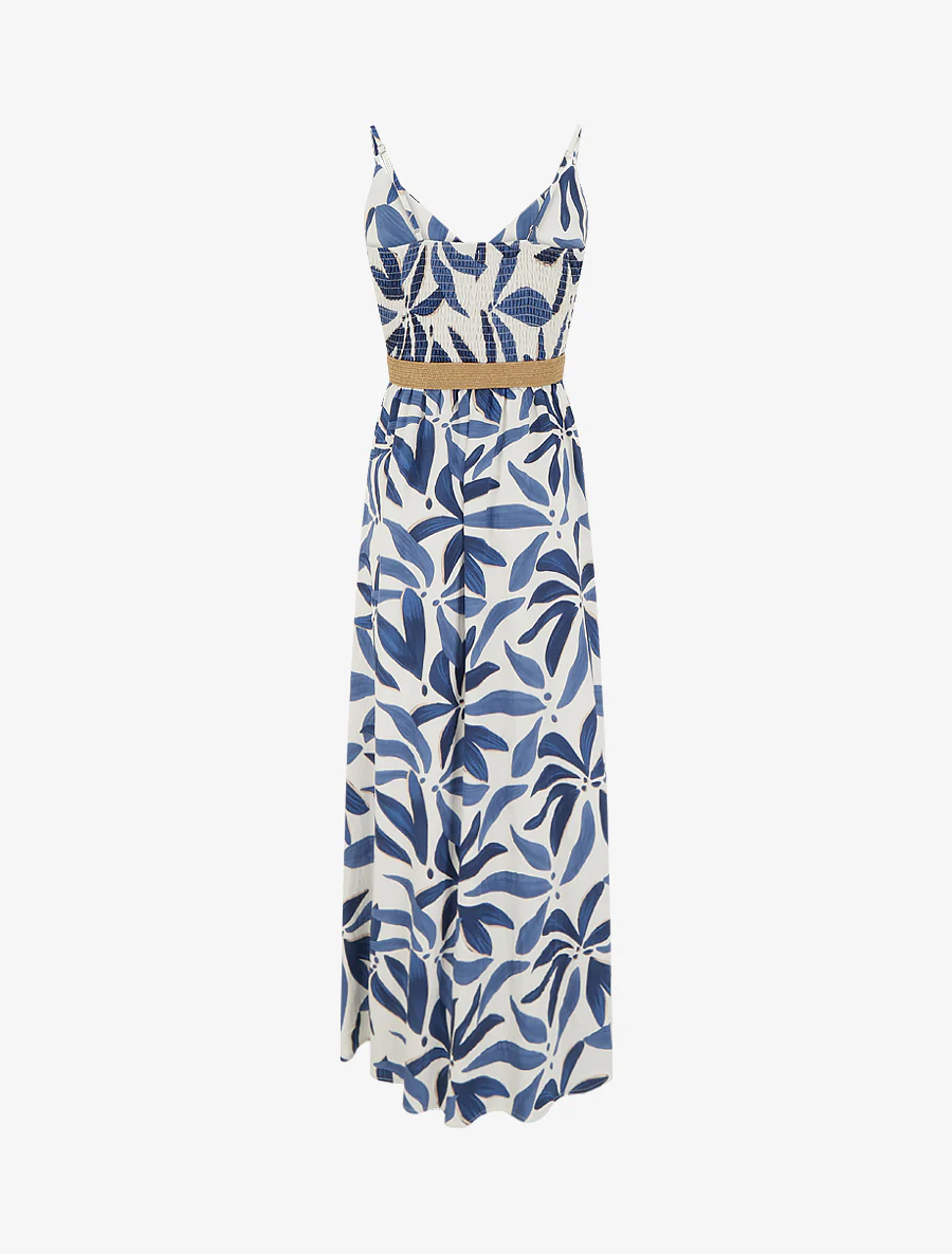 Lange uitlopende jurk met plantenprint - Marine - Image 2