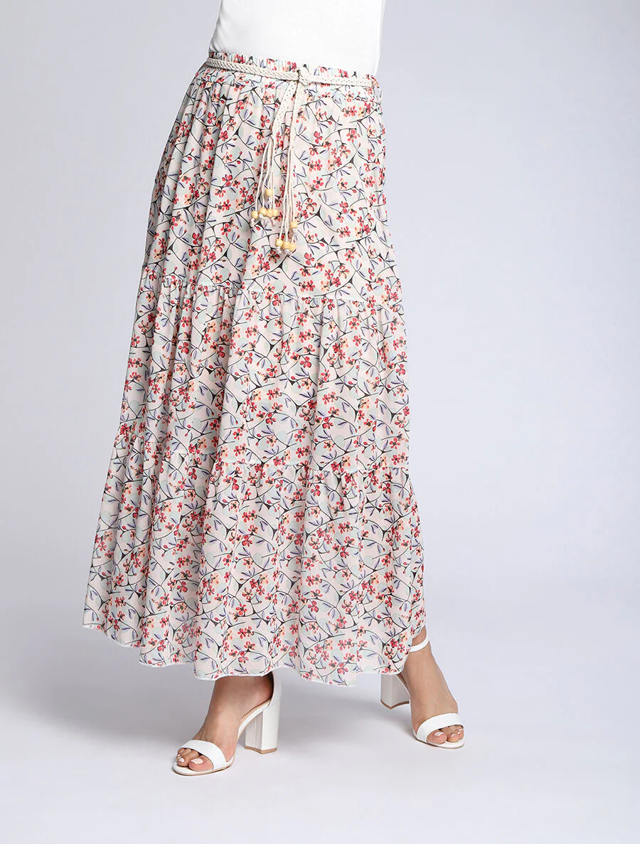 Lange voile rok met bloemen en stippenprint - Beige - Image 4