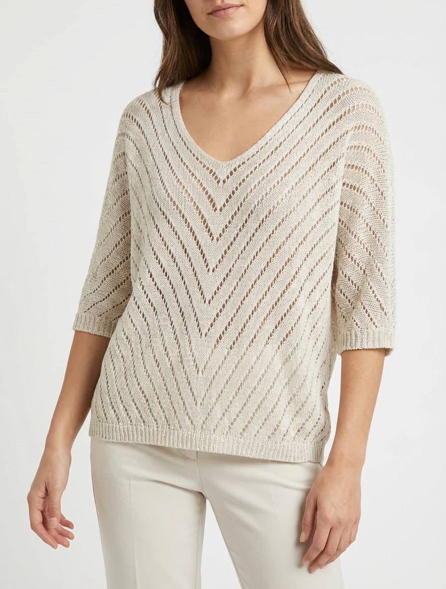 Lichte gebreide trui met V-hals - Beige - Image 4