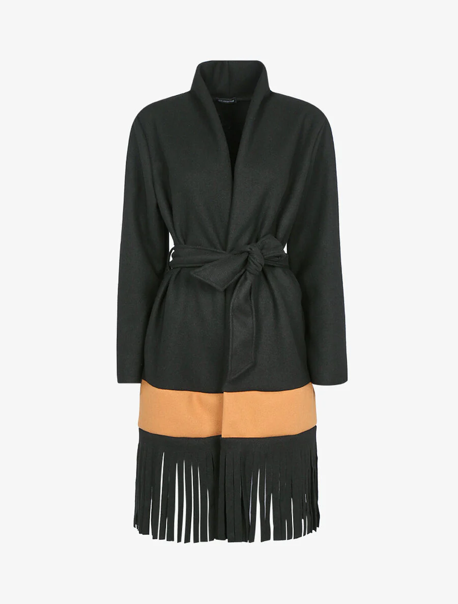 Lichte open jas met contrast en franjes - Zwart