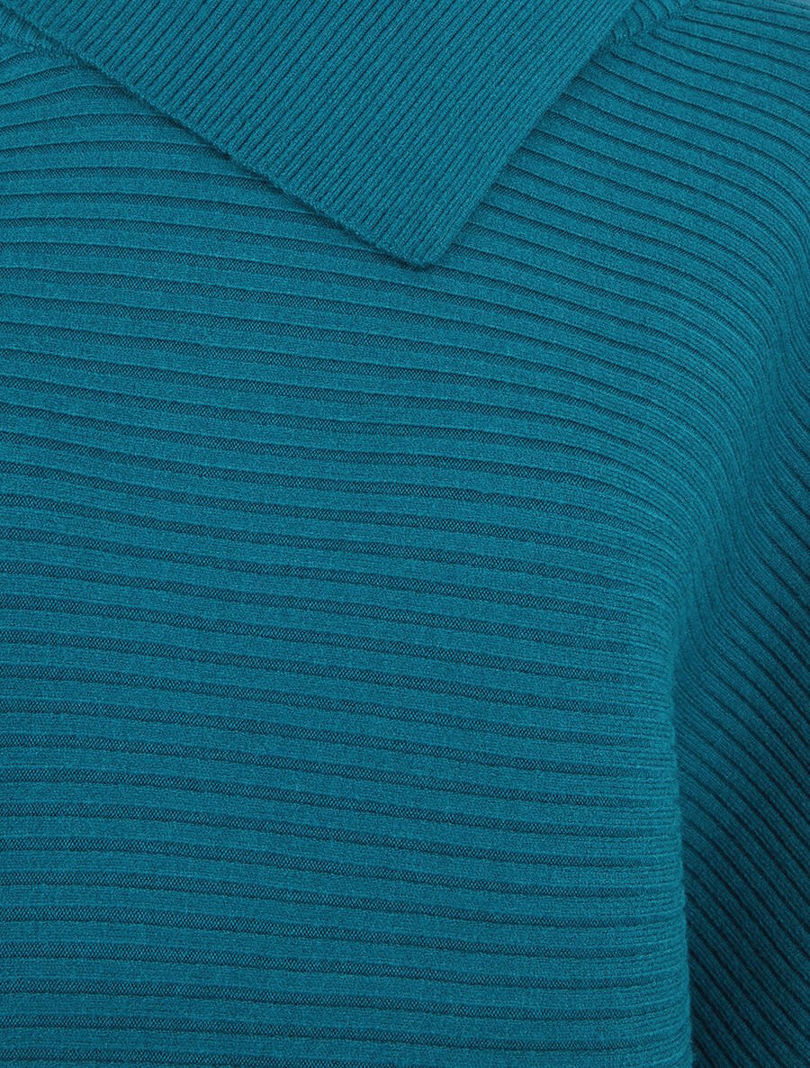 Losse geribde trui met asymmetrische opstaande kraag - blauwgroen - Image 3