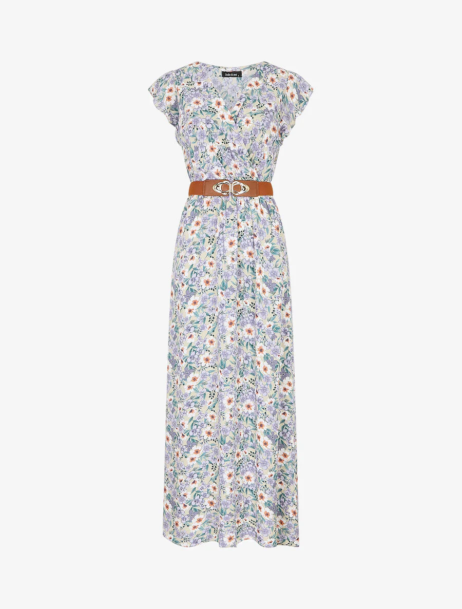 Maxi-jurk met bloemenprint en mouwen met ruches - beige