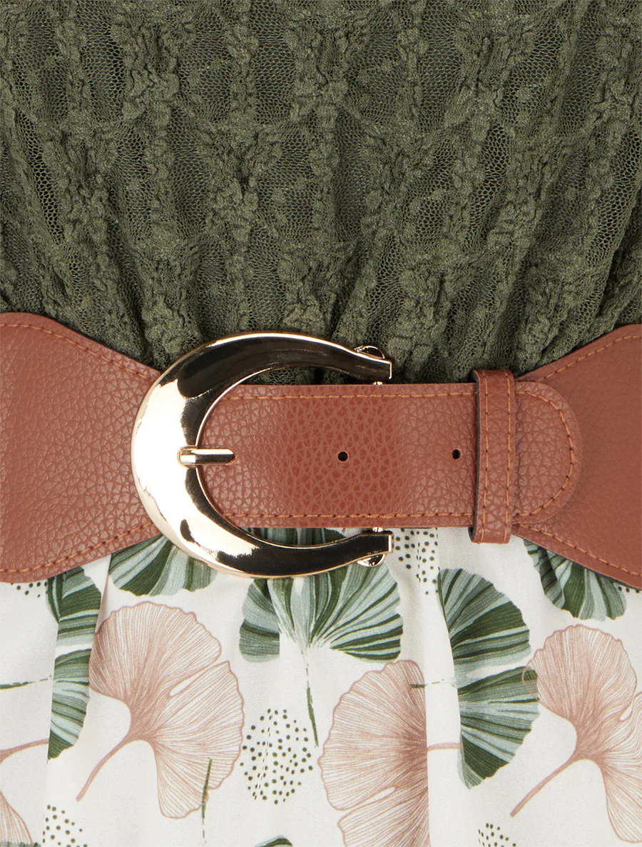 Midi-jurk met ginkgo-print en imitatiebandjes. - Kaki - Image 3