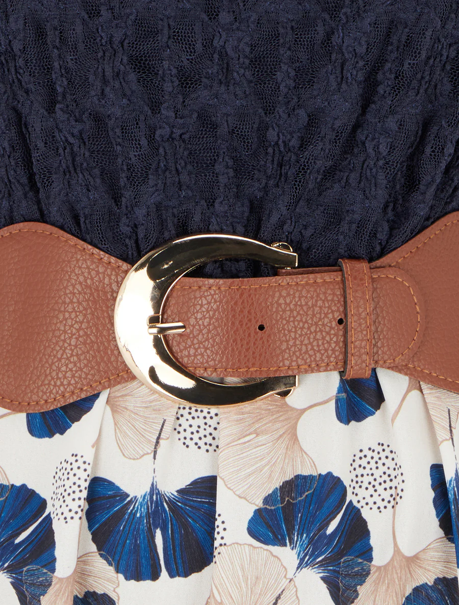 Midi-jurk met ginkgo-print en imitatiebandjes. - Marine - Image 3