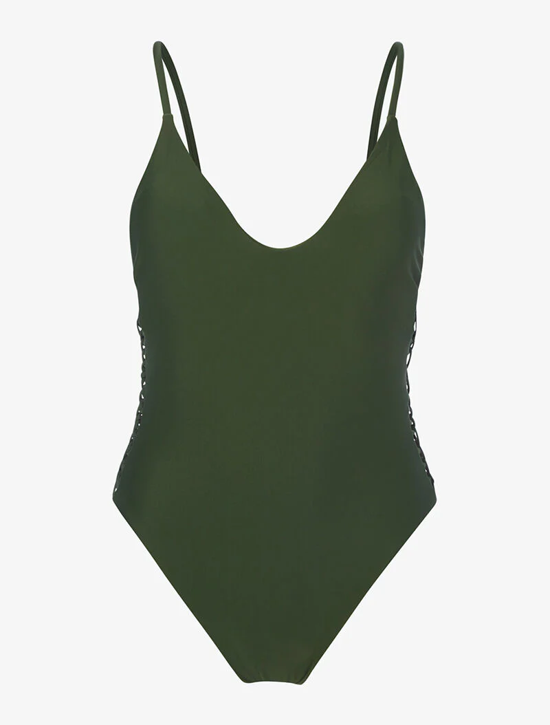 Monokini met opengewerkte zijkanten - kaki
