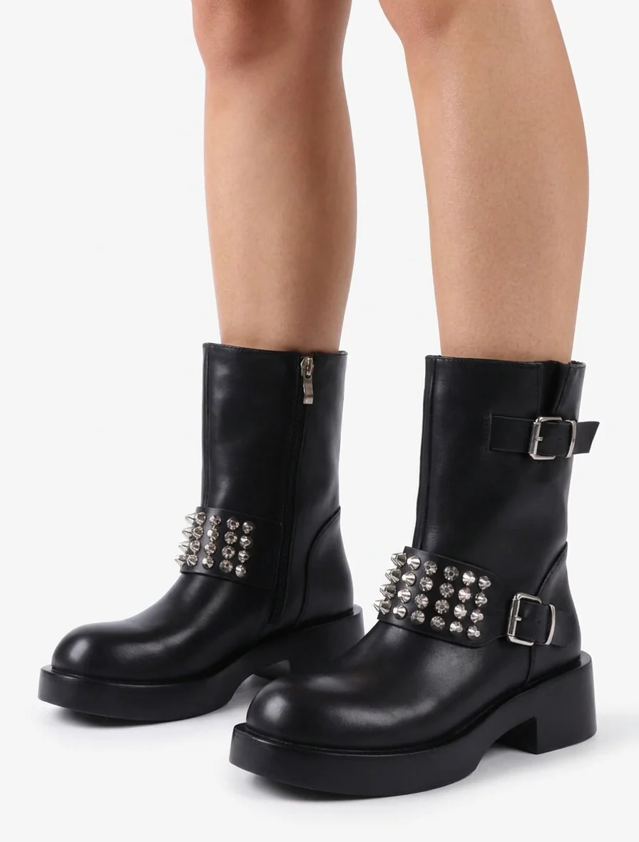 Motorlaarzen met studs en riemen - Zwart - Image 5