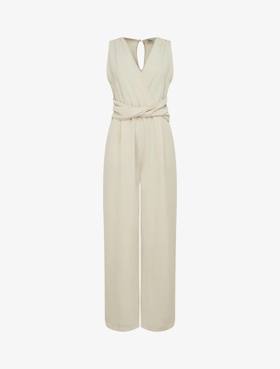 Mouwloos pak met gedraaide riem - Beige