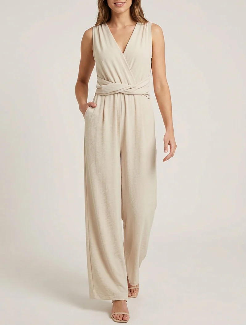 Mouwloos pak met gedraaide riem - Beige - Image 4