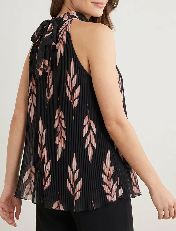 Mouwloze geplooide top met bladprint - Zwart - Image 4