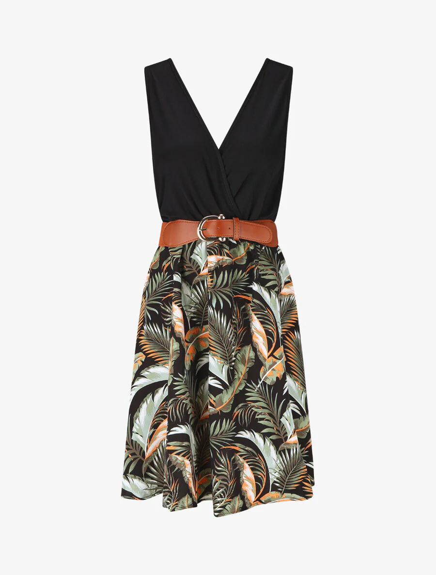 Mouwloze halflange jurk met tropische print - zwart