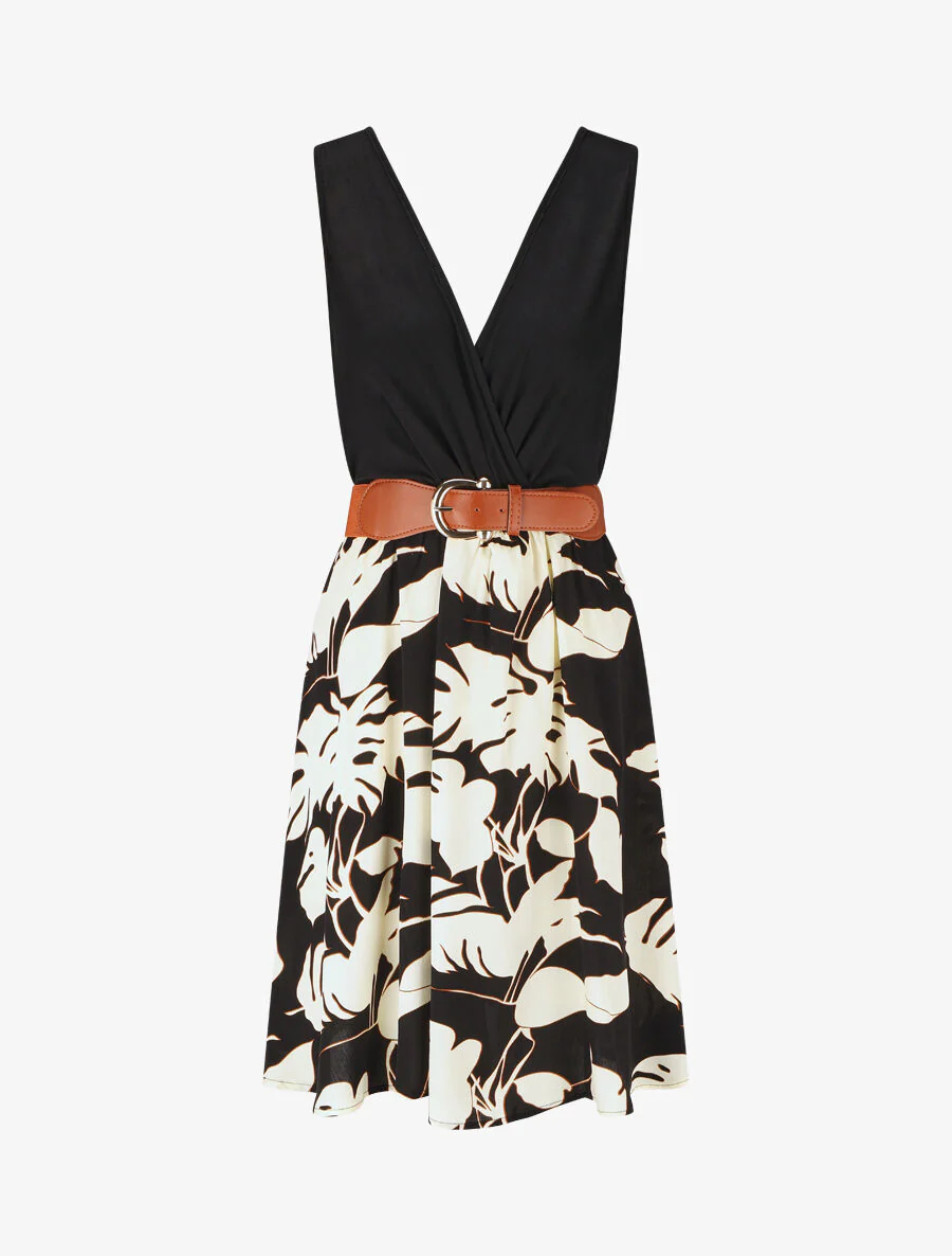 Mouwloze halflange jurk met tropische print - Zwart
