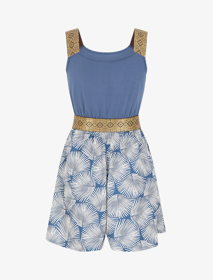 Mouwloze jumpsuit met bladerenprint en fantasiebandjes - Blauw - Image 2