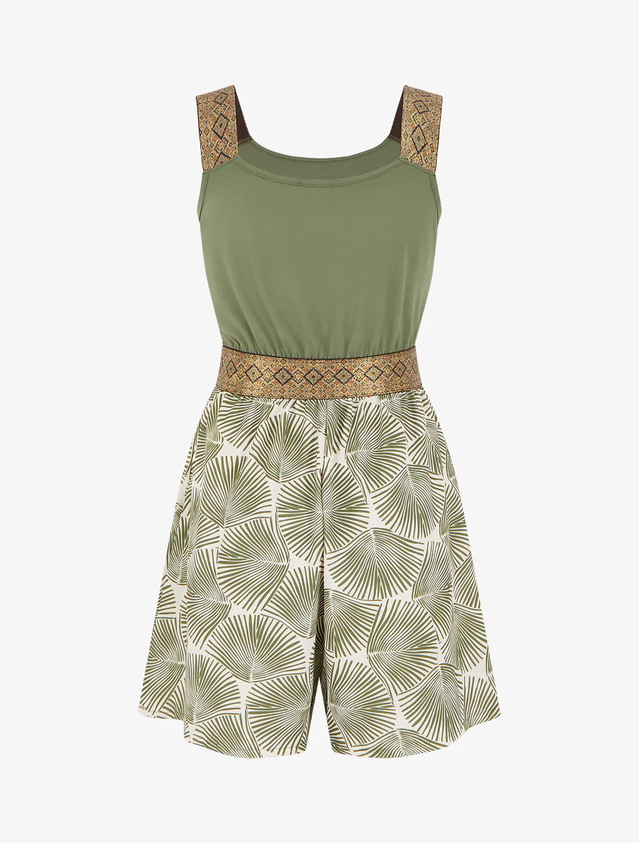 Mouwloze jumpsuit met bladerenprint en fantasiebandjes - Kaki - Image 2