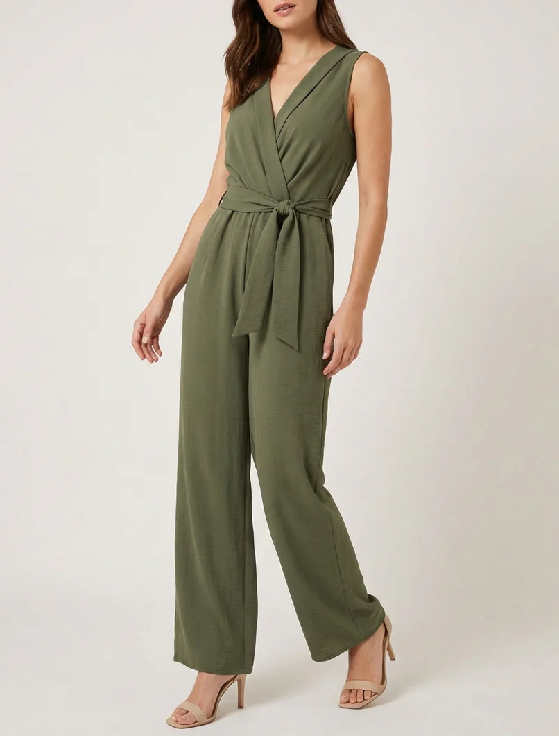 Mouwloze jumpsuit met overslagkraag - Kaki - Image 4