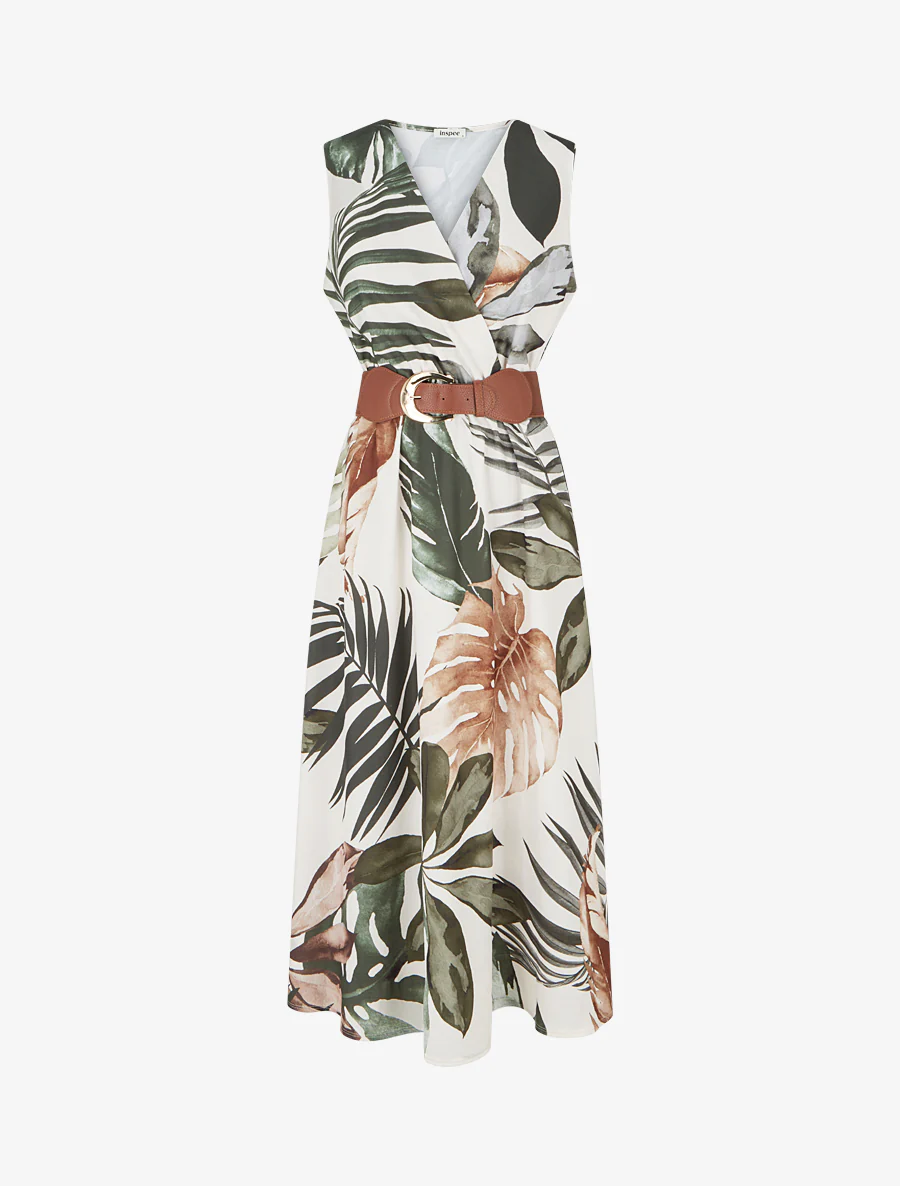 Mouwloze jurk met bladprint - Kaki