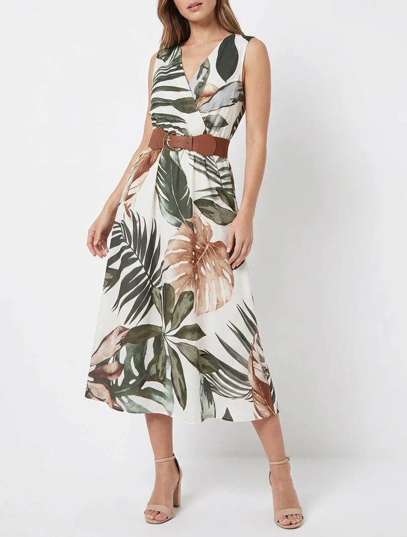 Mouwloze jurk met bladprint - Kaki - Image 4