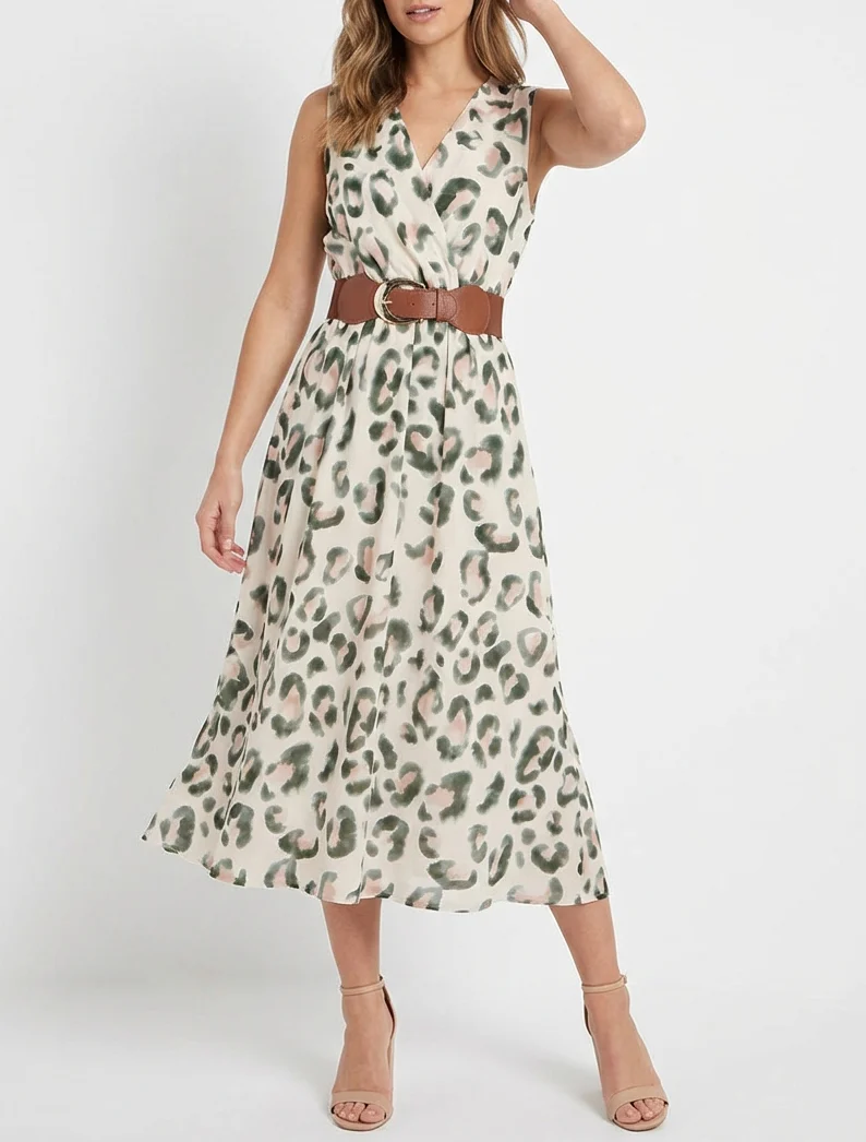 Mouwloze jurk met luipaardprint - Kaki - Image 4