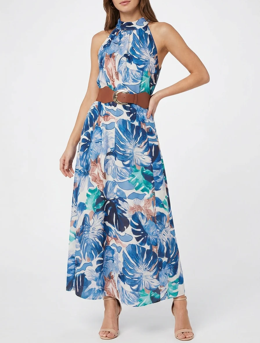 Mouwloze lange jurk met tropische print - Marine - Image 4